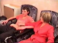 In the guest room, a young man is fucked by a busty Russian blonde mother.